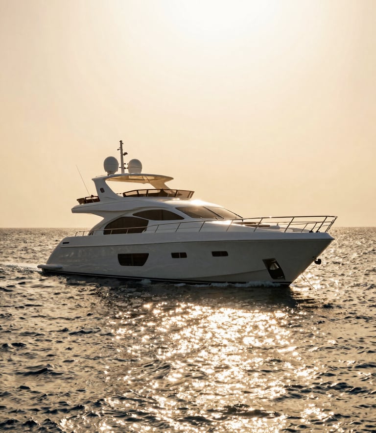 Bright editorial photography of a modern luxury yacht on the Red Sea near El Gouna, golden-hour sunlight sparkling on the water, wide shot.