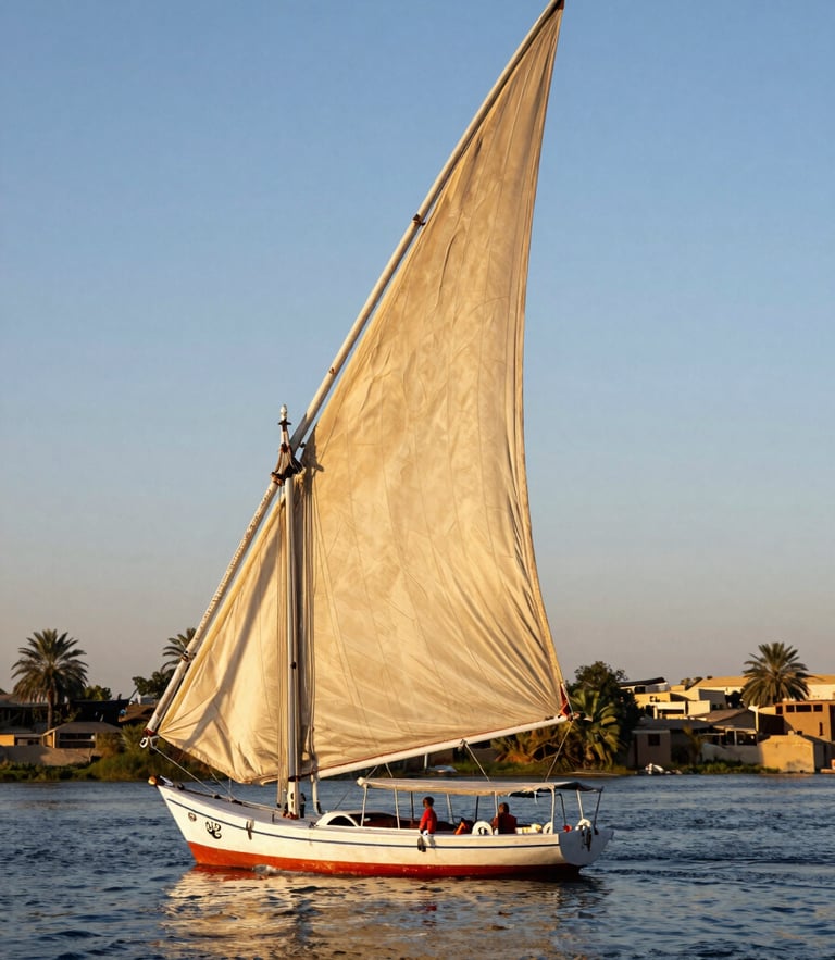 Bright editorial travel photography of a classic sailboat felucca on the Nile River in Aswan during golden hour, warm sunlight, high contrast