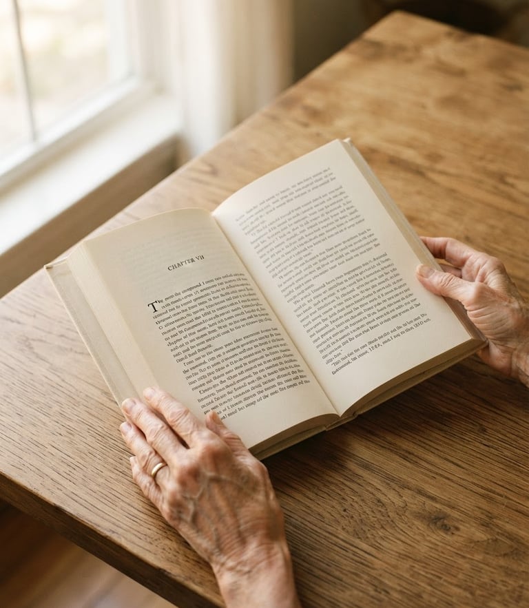 Minimalist editorial photography, hands holding an open physical book showing elegant serif typography on a warm wooden table, soft natural window light, warm cream tones