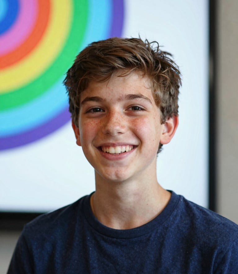 A joyful teenager smiling in front of a bright screen showing colorful digital art, natural daylight with subtle screen glows, shallow depth of field, 35mm