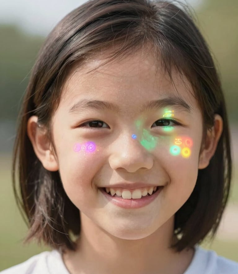 A smiling young teenager with a colorful digital art interface glowing on her face, bright daylight, creative joyful mood, 35mm