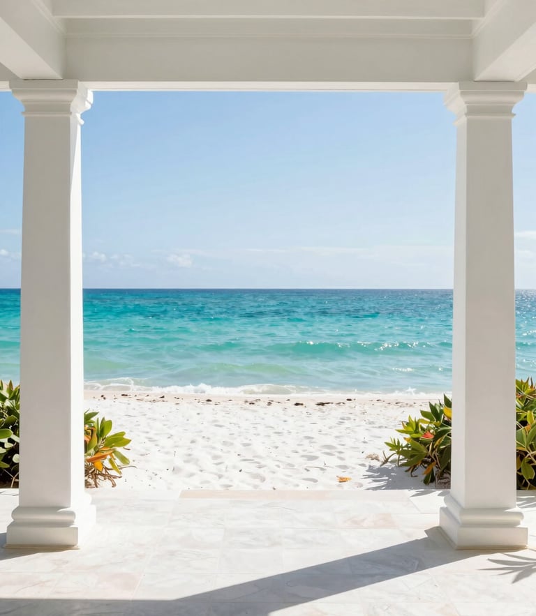 Bright editorial photography of a sun-drenched luxury estate patio in Santa Rosa Beach, overlooking clear turquoise Gulf water, high-key natural daylight, 35mm