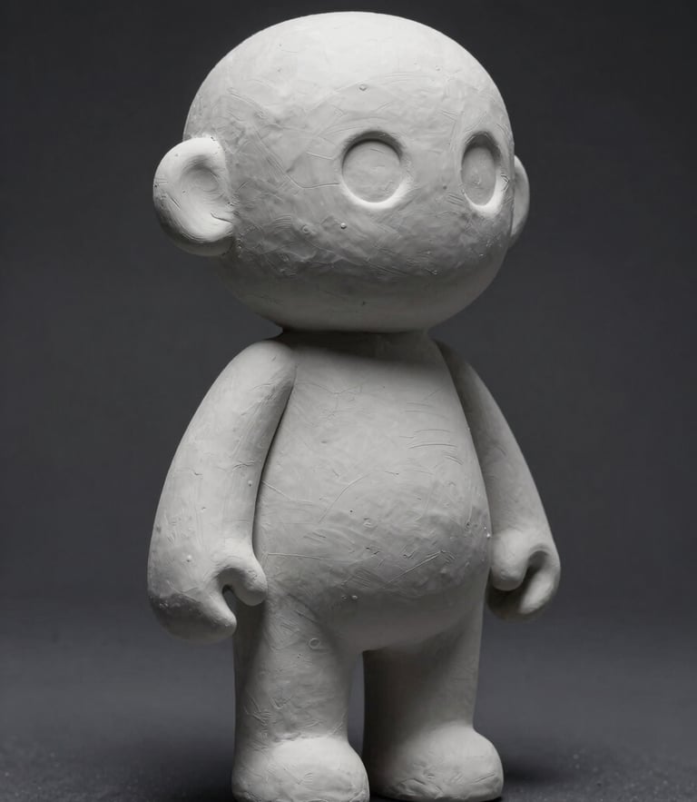 Clay render of an abstract geometric 3D character, high-contrast studio lighting on a dark neutral background, sharp focus, 35mm lens