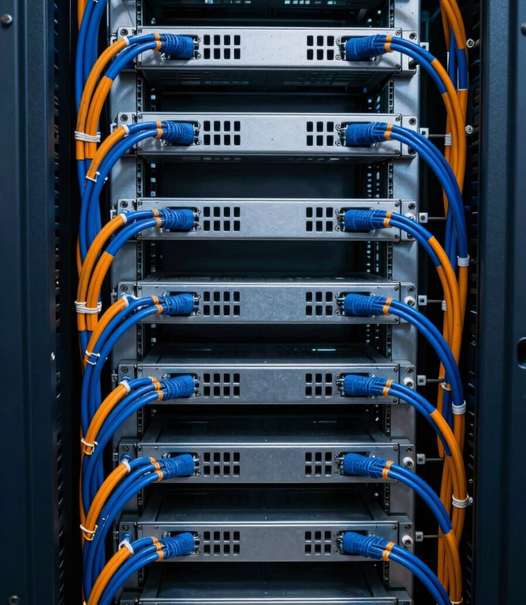 Symmetrical straight-on architectural shot of a pristine server rack, perfectly combed blue and orange cables, high-contrast technical lighting, 35mm.
