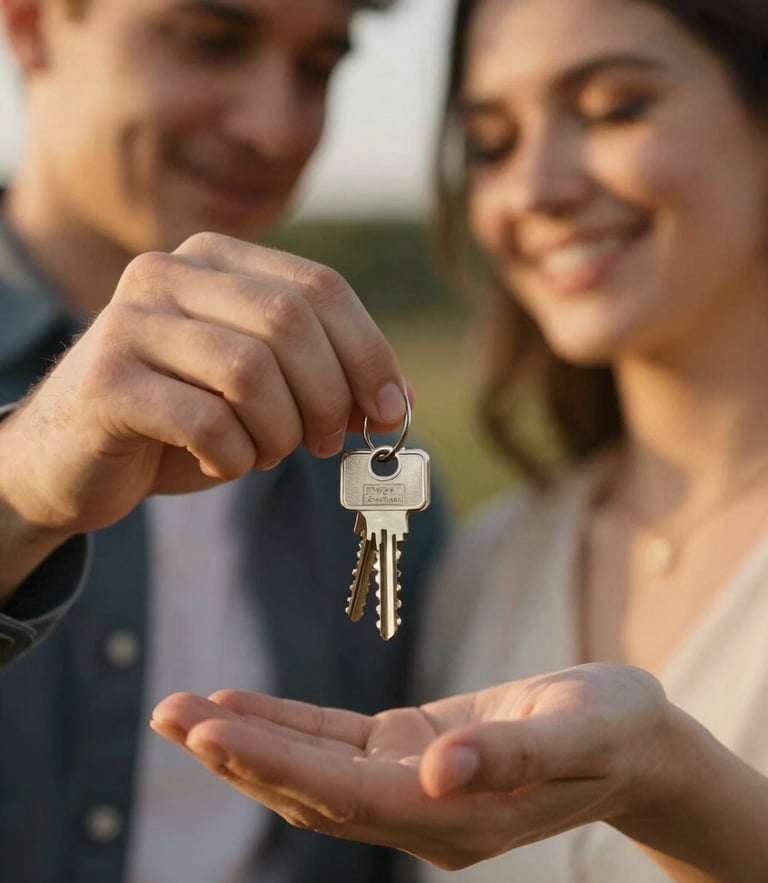 Close-up of hands handing over silver keys to a happy couple, warm golden hour lighting, tactile and emotional moment.