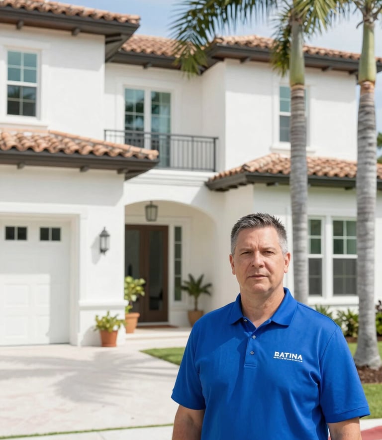 Bright architectural photography of a high-end Southwest Florida home with stucco walls and palm trees, a technician in a vivid cobalt blue polo shirt standing professionally in the foreground, clean daylight, 35mm lens.