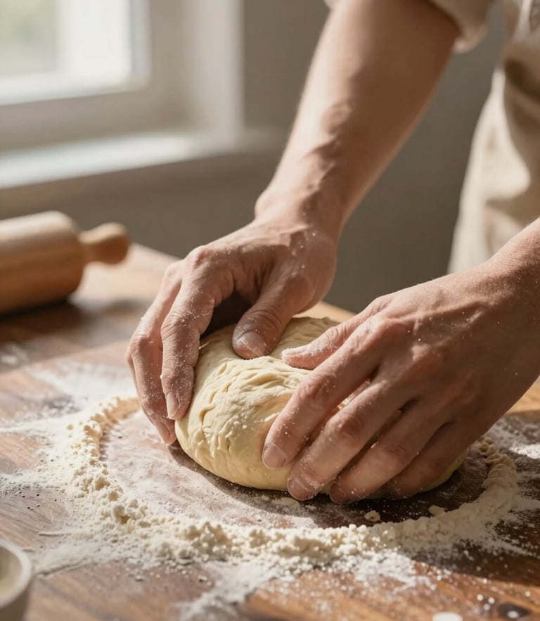Close-up of hands shaping rustic sourdough dough on a flour-dusted dark wood table, warm morning light from the side, shallow depth of field, 35mm.