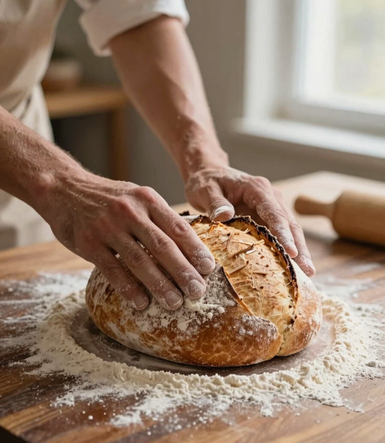 Warm editorial food photography of a baker's hands dusted with flour, scoring a sourdough loaf on a dark wooden table, morning window light, shallow depth of field, 35mm