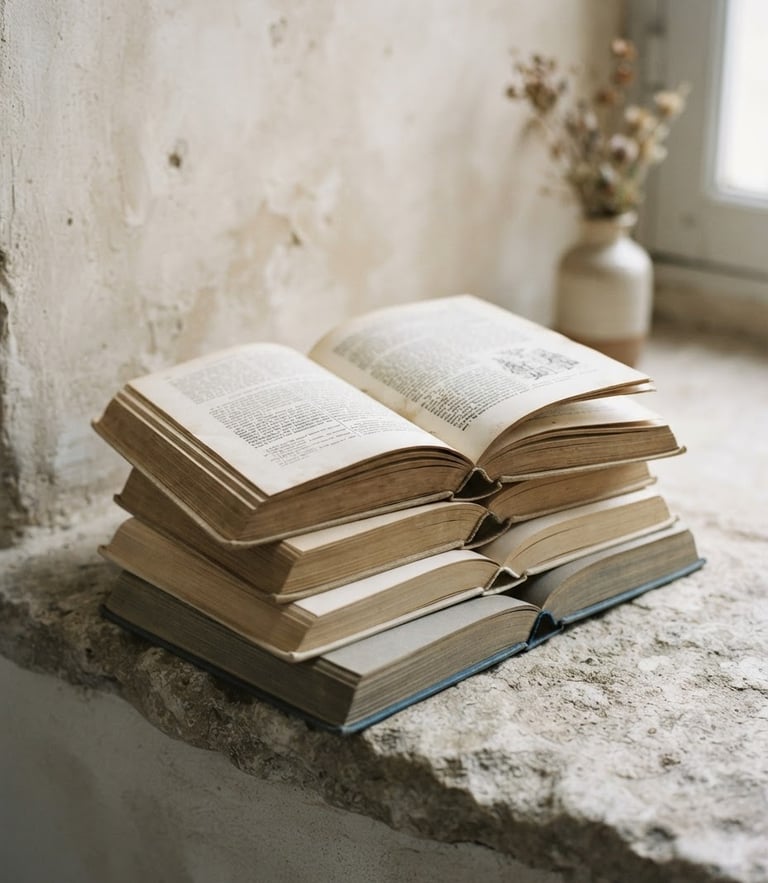 Minimalist clean composition of open books stacked on a stone ledge, soft diffused north-facing daylight, muted mineral tones, matte paper texture