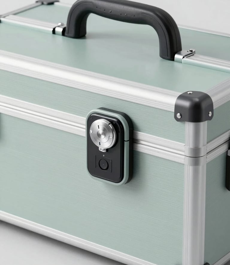 Sleek modern medical transport case with a digital seal lock on a clean stainless steel surface, clinical studio lighting, sharp focus, desaturated sage tones.