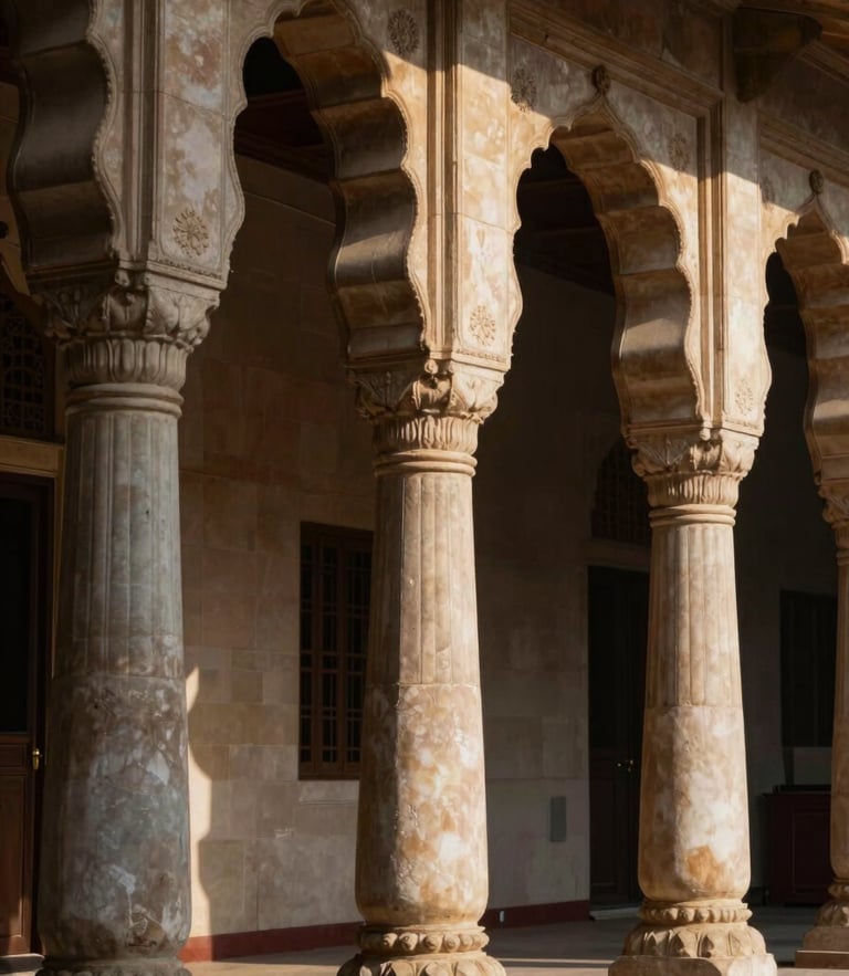 Architectural details of the High Court of Rajasthan Jaipur Bench, dramatic side-lighting on stone pillars, dignified and authoritative atmosphere