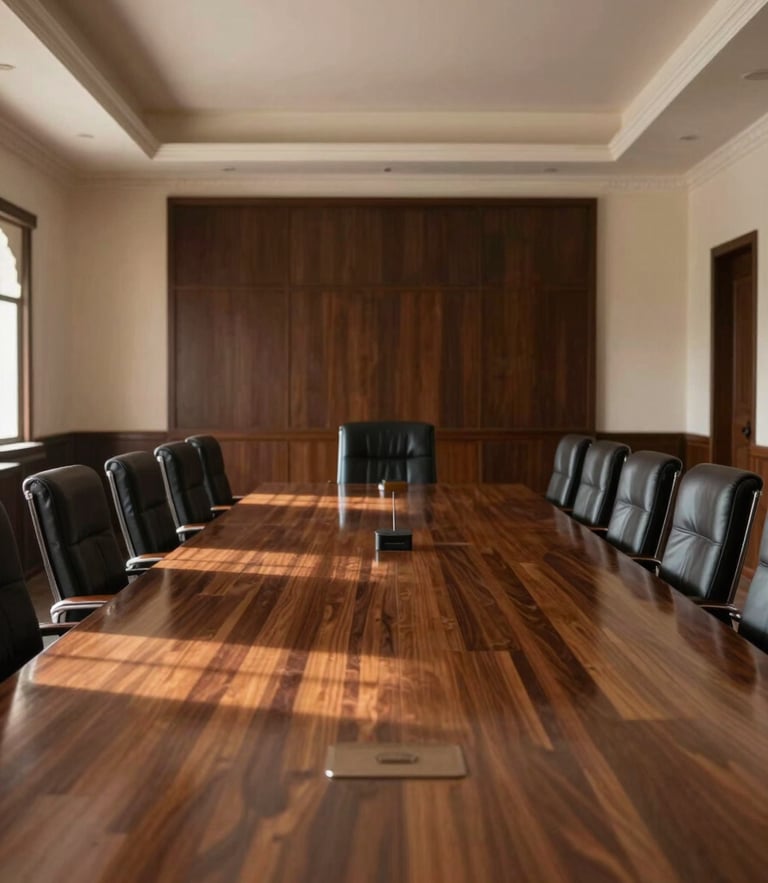 A dignified, empty boardroom in Jaipur with high ceilings, dark wood table reflecting soft side light, and architectural depth