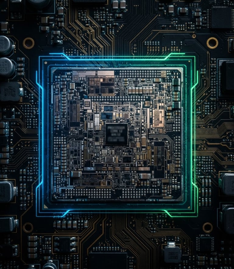 Extreme macro close-up of a high-performance mobile processor on a dark circuit board, neon green edge lighting, sharp silicon details, 35mm lens