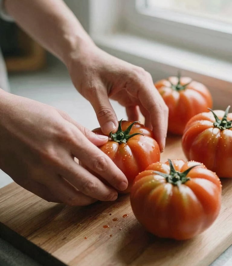 Close-up of hands prepping fresh heirloom tomatoes on a wooden board in a sunlit kitchen, 35mm warm editorial style