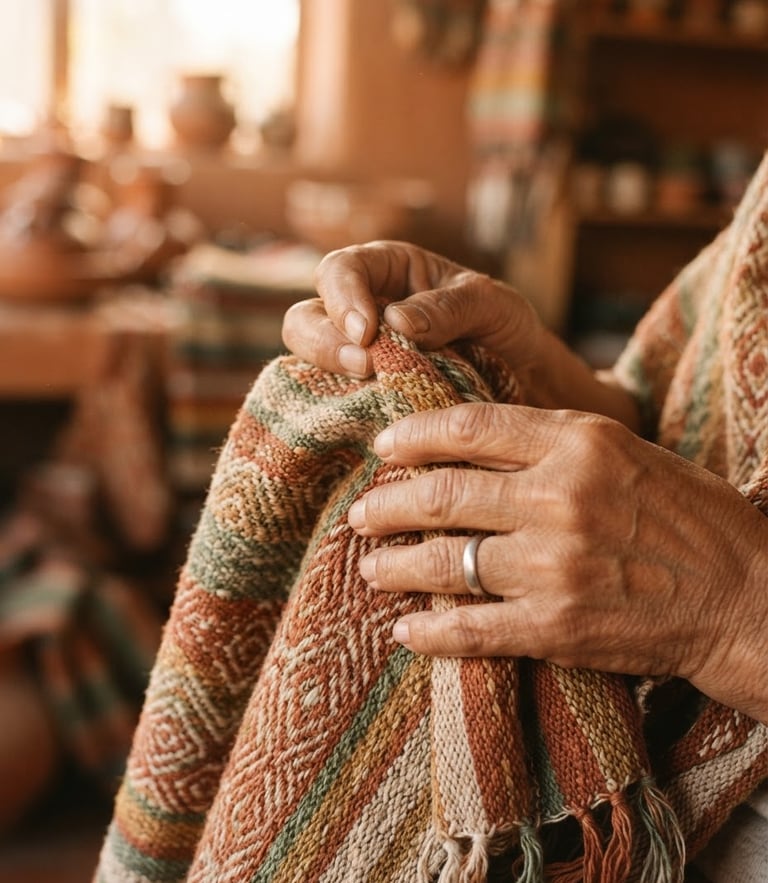 Close-up of warm hands gently holding a handwoven cotton rebozo, soft filtered golden-hour light, earthy terracotta tones, tactile textures, 35mm film