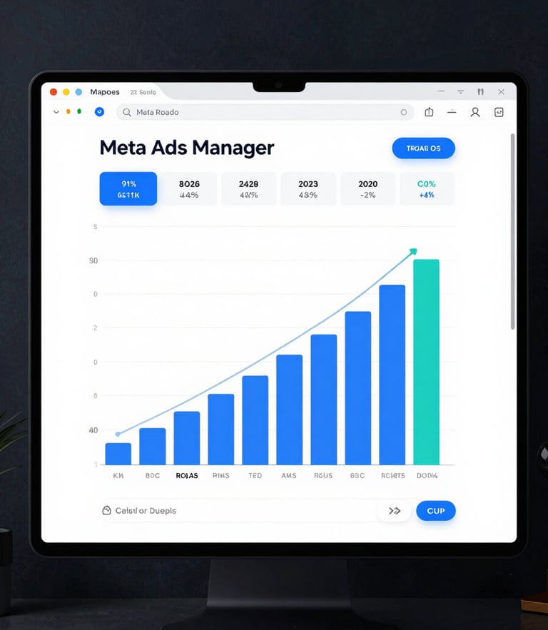 Crisp, high-fidelity screenshot of Meta Ads Manager dashboard inside a clean browser mockup, showing rising ROAS graphs and positive conversion metrics under cool-toned studio light