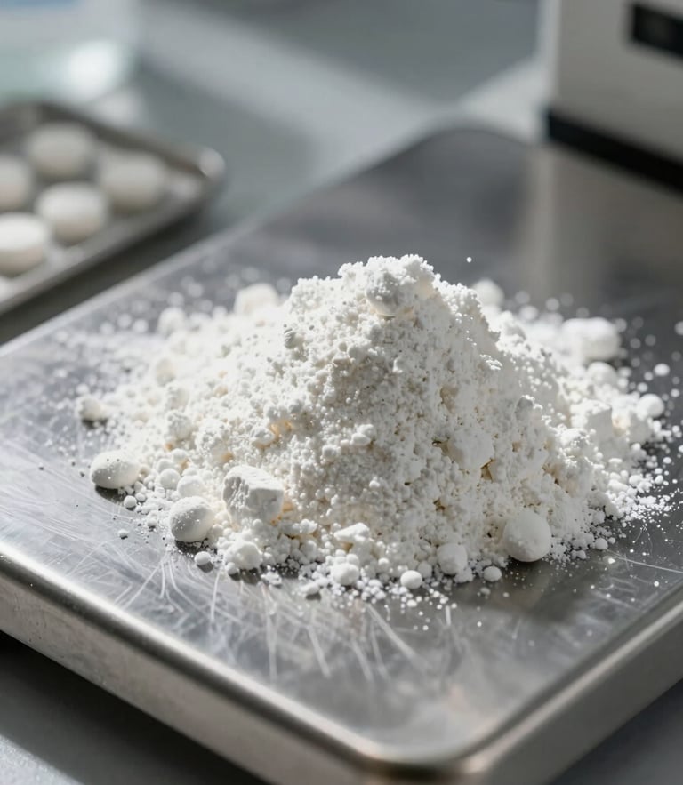 Extreme close-up of raw white supplement powder on a stark stainless steel laboratory scale, high-contrast directional lighting casting deep shadows.