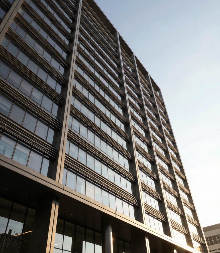 Wide-angle architectural photograph of a modern commercial facade in Johannesburg, high-contrast afternoon sun, steel and glass details.