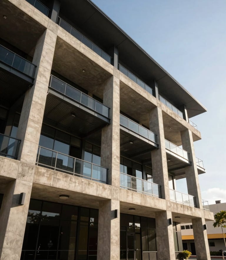 Crisp wide-angle architectural photograph of a modern commercial facade under bright South African afternoon sun, structural concrete and steel detailing visible, sharp focus.