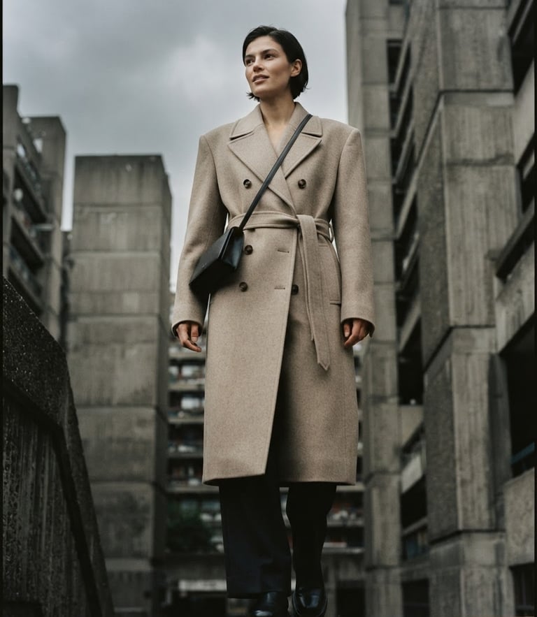Low-angle editorial shot of a structured beige wool coat on a model, overcast city light, concrete architectural background, desaturated neutral tones, 35mm film grain