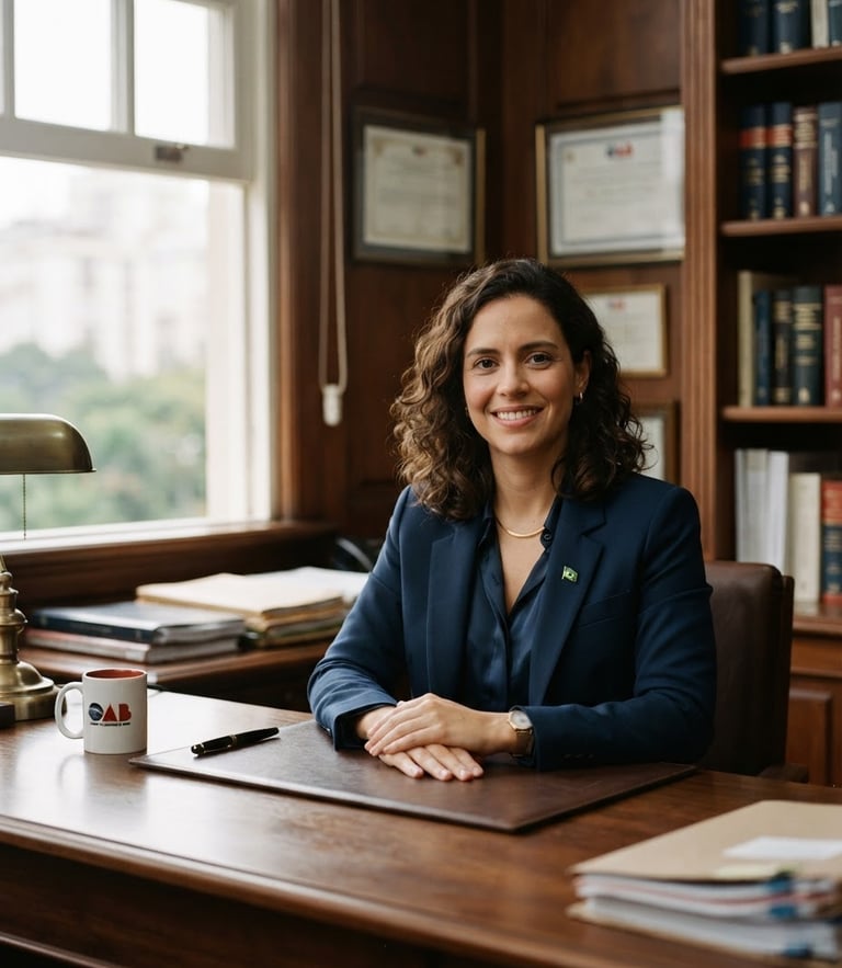 Professional environmental portrait of a Brazilian attorney in a warm office setting, soft window daylight, deep navy tones, shallow depth of field, 35mm