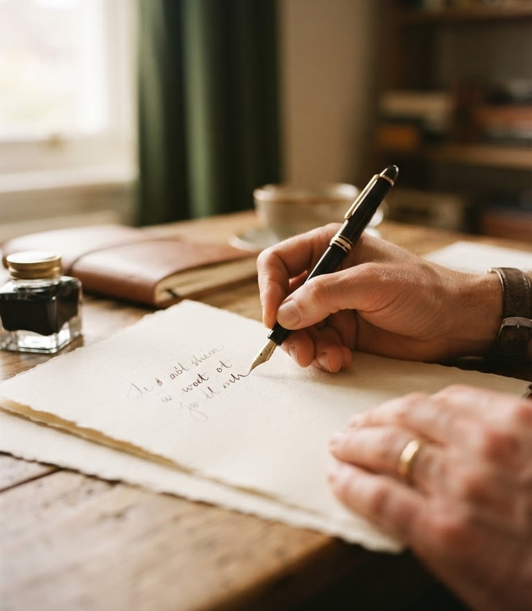 Close-up of hands writing with a classic fountain pen on thick textured paper, soft diffused morning window light, warm editorial tones