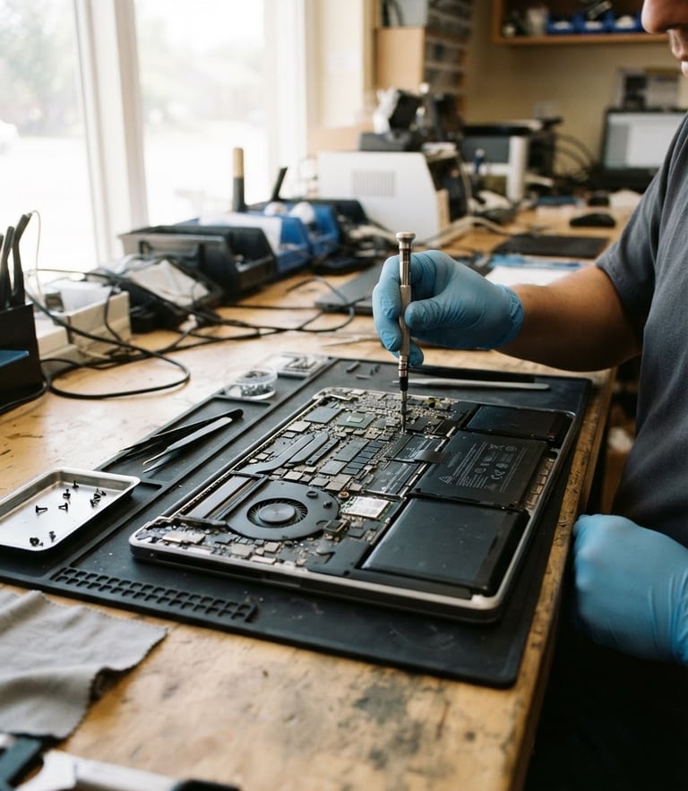 A clean, well-lit technical repair workbench with a precision screwdriver, open laptop showing internal circuits, bright natural indoor store lighting, high contrast, 35mm