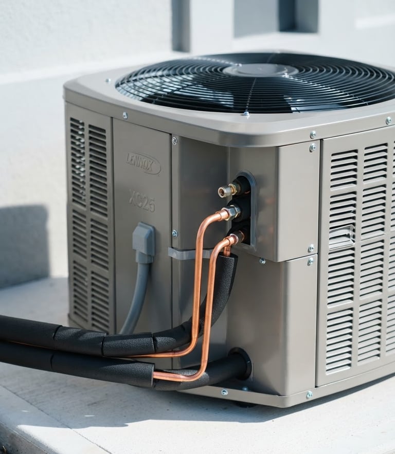 Close-up of a modern high-efficiency HVAC condenser unit, crisp copper piping, clean architectural lines, bright Florida daylight