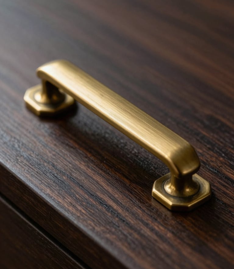 Macro photographic close-up of brushed brass architectural cabinet handles resting on a dark wood-grain laminate sheet, dramatic side-lighting casting deep shadows, shallow depth of field.