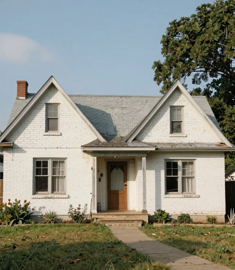 A warm, natural light photograph of a classic Central Texas home exterior with mature oak trees, soft golden hour sun casting gentle shadows, 35mm film style.