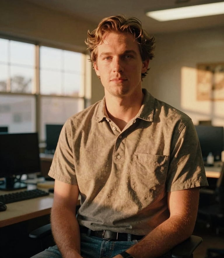 Environmental portrait of Wade VanDerBoom in a warm Central Texas office, soft natural golden-hour light, 35mm film style