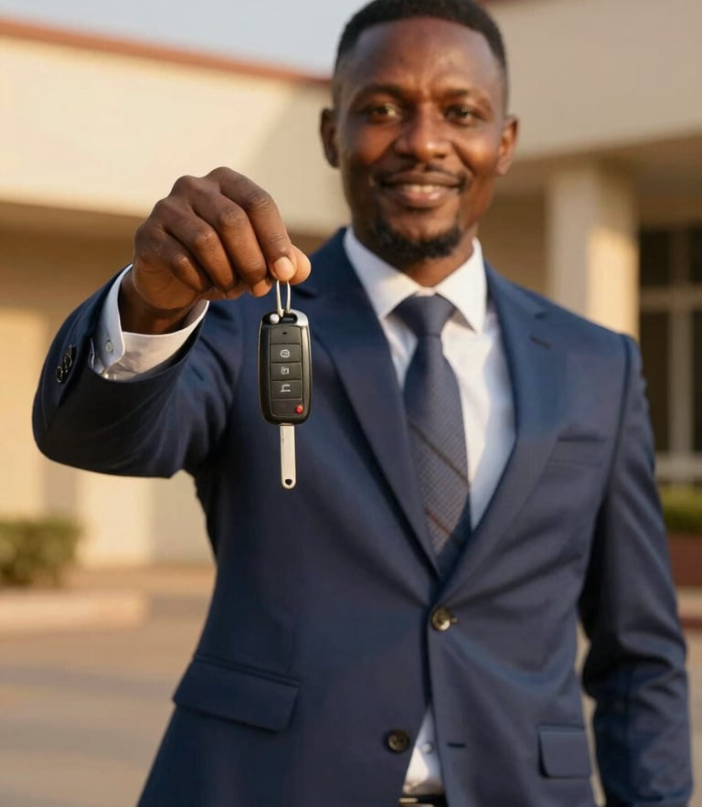 Editorial portrait of a professional facilitator in a sharp suit holding high-end car keys, warm golden hour light, architectural background of Cotonou, 35mm lens.