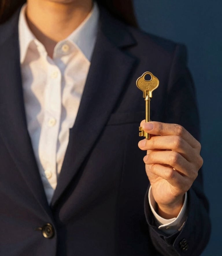 Editorial medium-close up of a professional facilitator in sharp attire holding a golden key, warm golden hour sunlight, deep midnight blue background, 35mm lens
