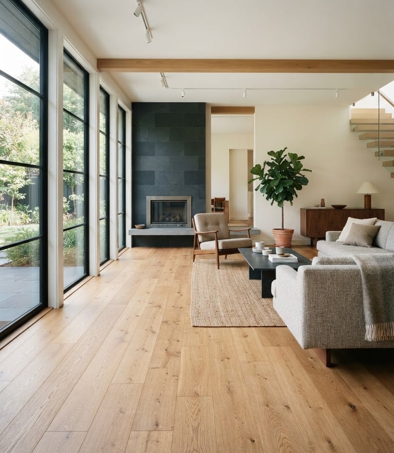 Low-angle architectural photograph of a bright modern living room with perfectly installed wide-plank oak hardwood floors, natural daylight streaming through large windows, sharp focus, 35mm
