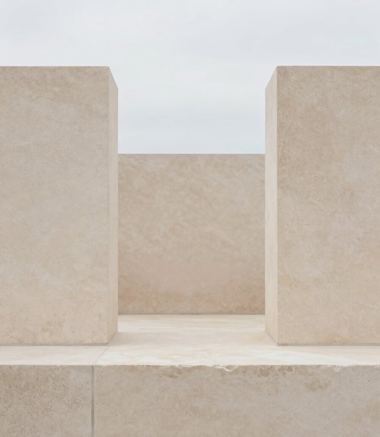 Minimalist geometric composition of balanced sandstone blocks under soft diffused overcast daylight, muted earth tones, 35mm