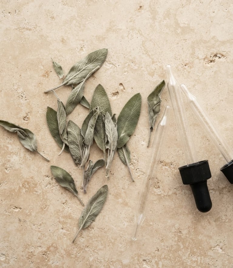 Macro flat-lay of dried sage leaves and clean glass diagnostic pipettes on a warm stone surface, bright diffused north-facing daylight, minimalist composition
