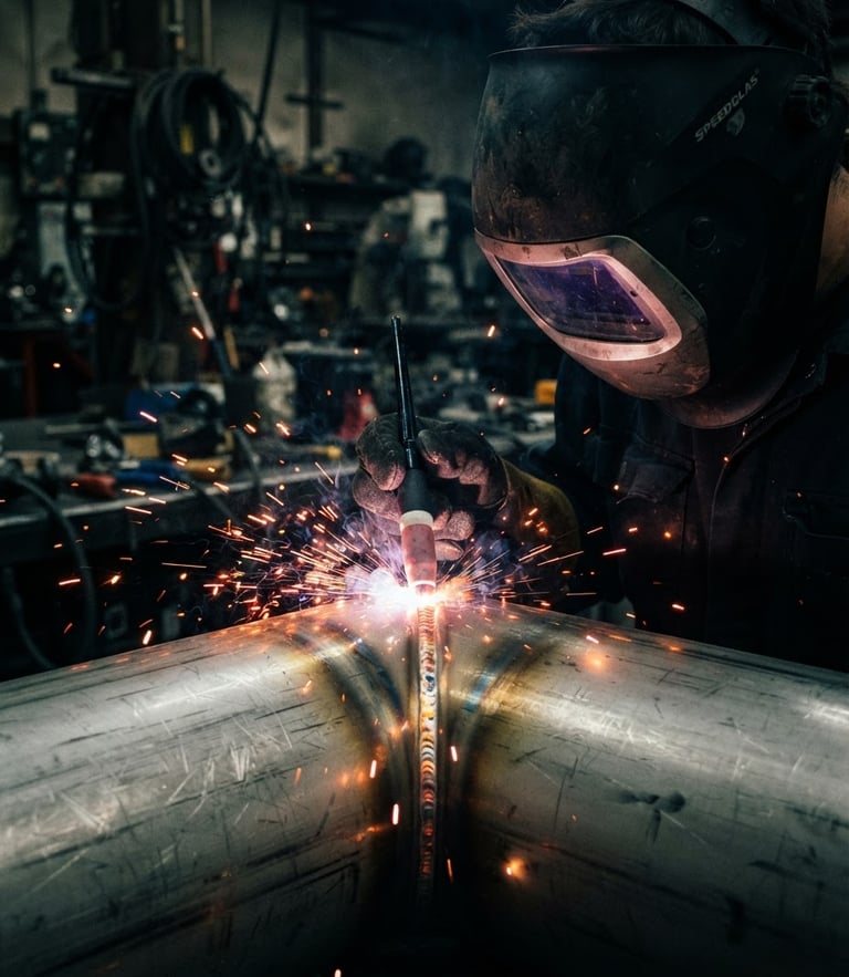 Dramatic close-up of a welder in a dark workshop, bright crimson sparks flying from a clean TIG weld on polished stainless steel, sharp focus, technical lighting