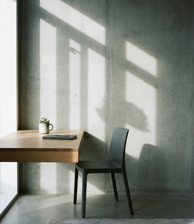 A minimalist architectural shot of a modern, quiet workspace with soft natural daylight casting clean shadows on a concrete wall, 35mm lens, editorial style