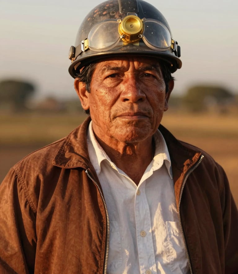 Portrait of a dignified traditional Colombian miner with safety gear under warm golden-hour light, rich earth tones, editorial photography, 35mm