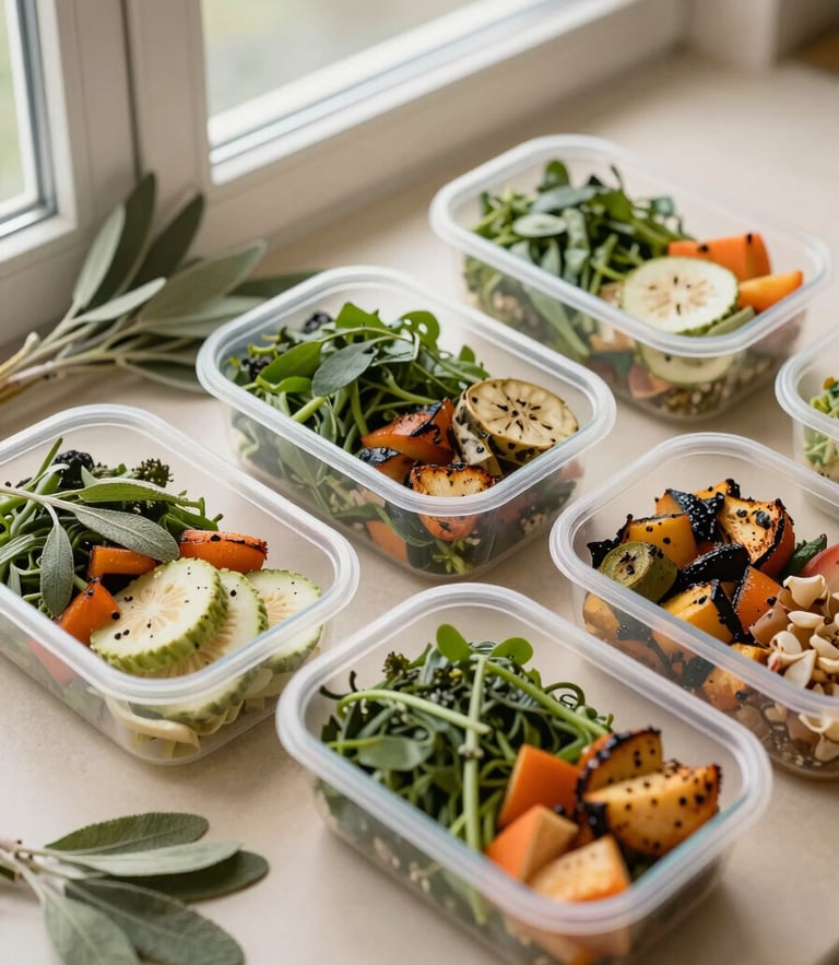 Overhead flat-lay of organized healthy meal prep containers with vibrant greens and roasted vegetables, soft natural window light, organic sage and sand tones, 35mm