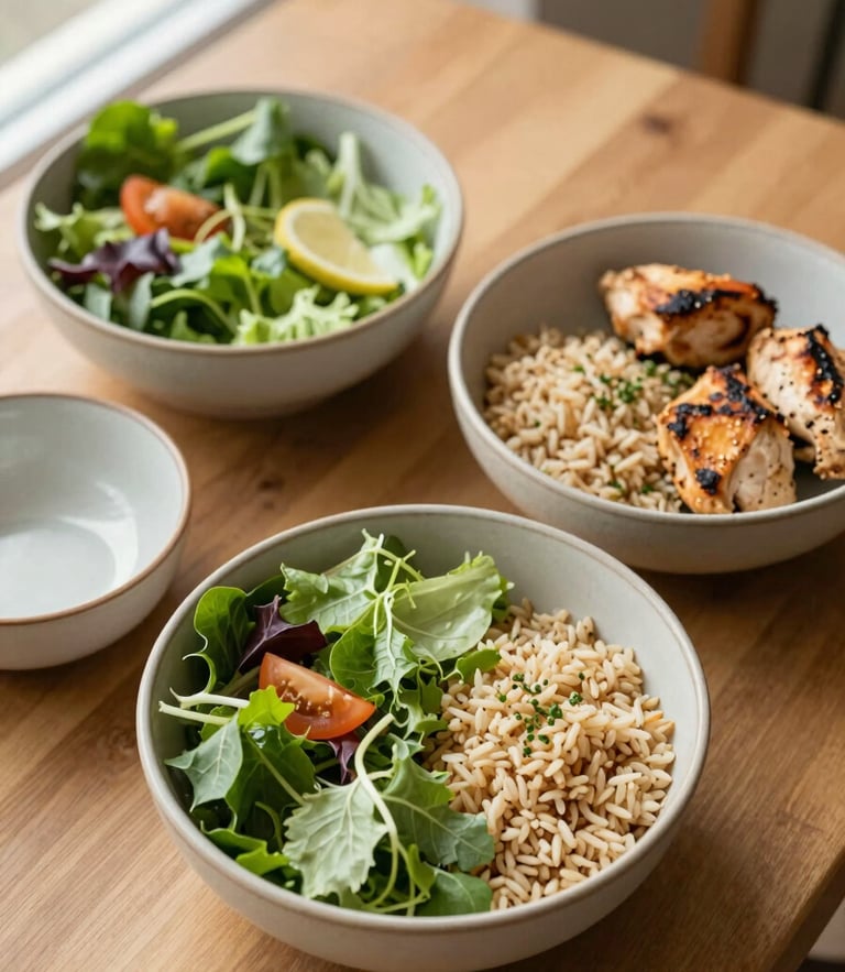 Overhead flat-lay of a wooden table with organic ceramic bowls containing fresh salad, brown rice, and grilled chicken, soft natural side light, 35mm photography