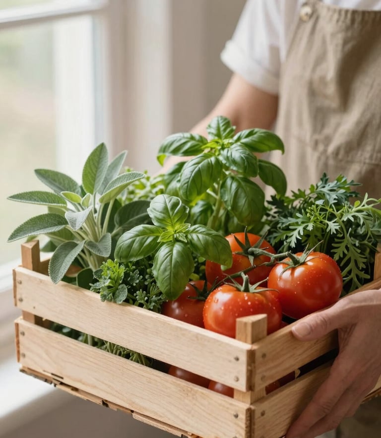 Hands of a local farmer holding a wooden crate full of fresh organic herbs, basil, and tomatoes, soft morning light, 35mm