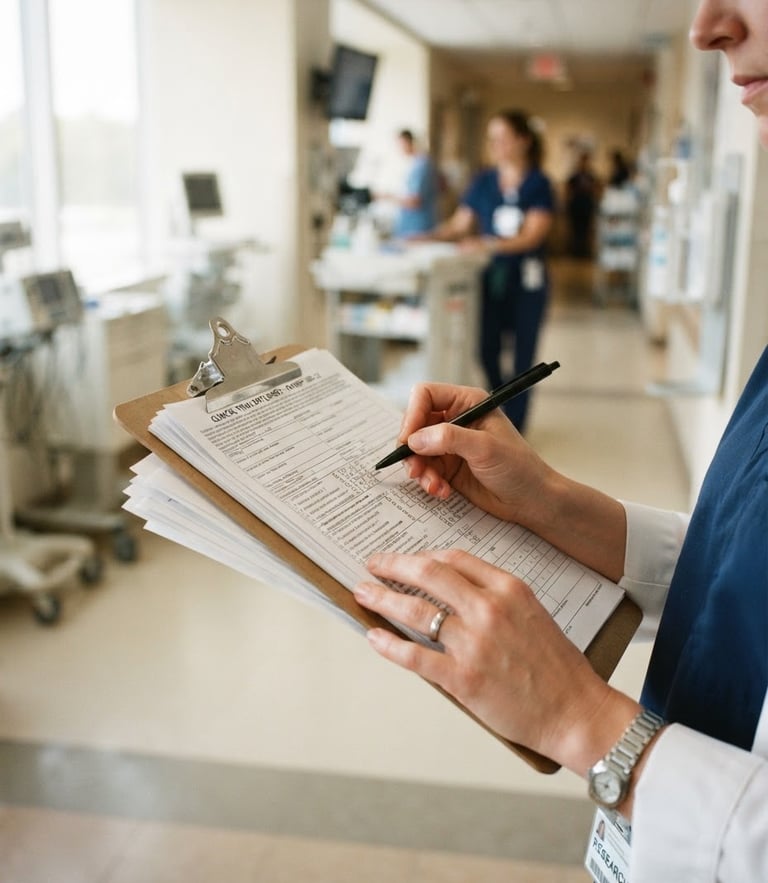 Hands of a healthcare researcher holding a clipboard with clinical research forms, soft natural morning light, clean hospital environment, authentic interaction, 35mm