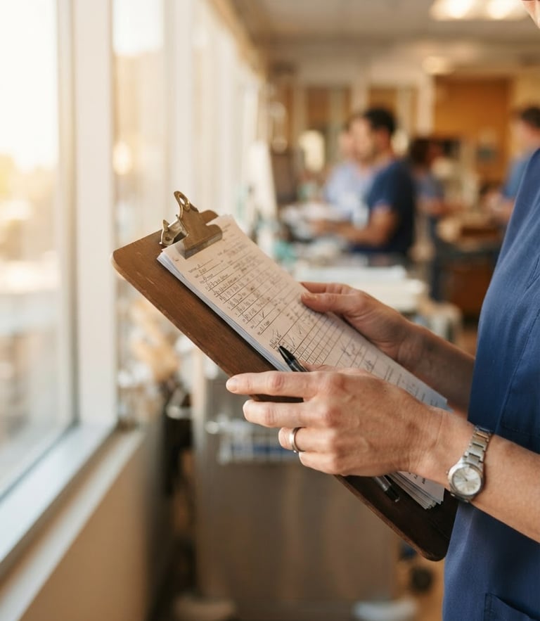 Close-up of a researcher's hands holding a clinical clipboard, soft natural morning light through a hospital window, warm editorial style, 35mm