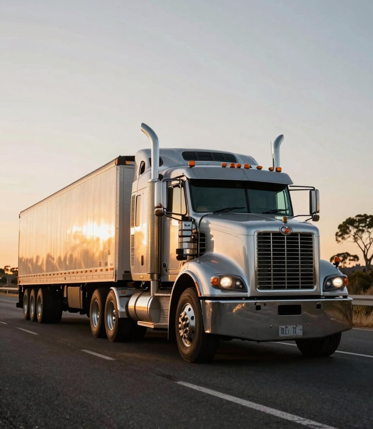 Low-angle heroic shot of a heavy B-double prime mover hauling freight on an Australian highway at golden hour, metallic paint reflecting sunset light, sharp 35mm lens.