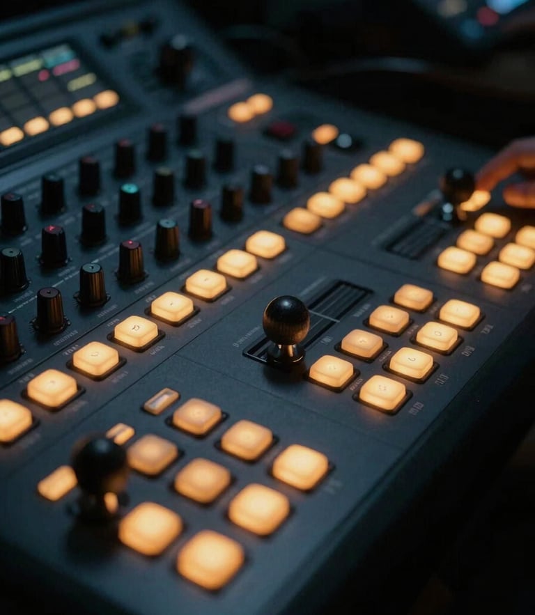 Close-up of a professional color grading control panel with trackballs, glowing amber buttons in a dim studio environment, cinematic, 35mm