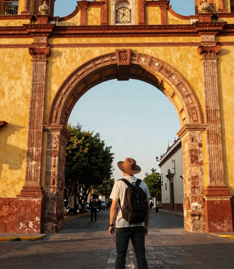 Warm editorial travel photography of a traveler looking at a historic archway in Mexico, golden-hour natural light, vibrant saturated tones, 35mm look