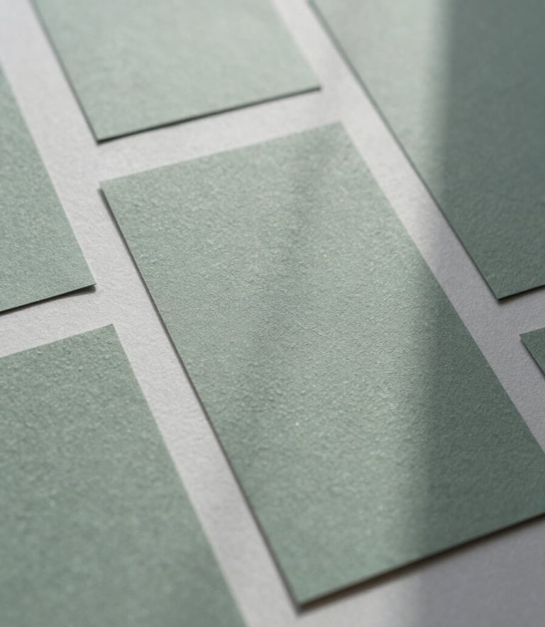 Tactile paper mockups with blind debossing, soft overcast morning light, pine green shadows, 35mm film grain