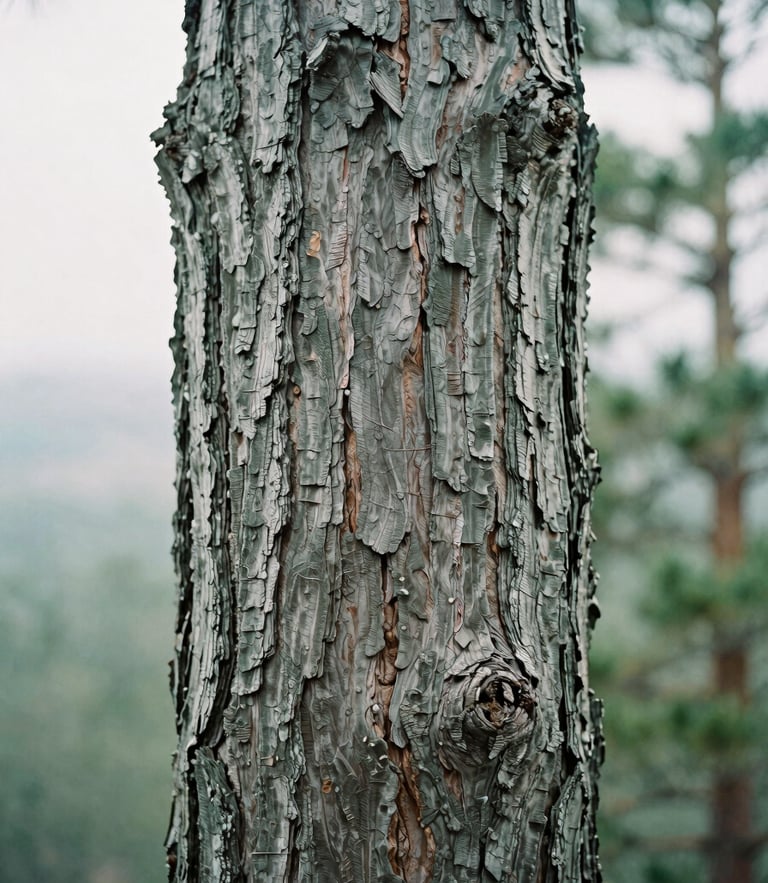 Tactile film photography of ancient Great Basin bristlecone pine bark texture, soft overcast morning light, pine green tones, 35mm, shallow depth of field