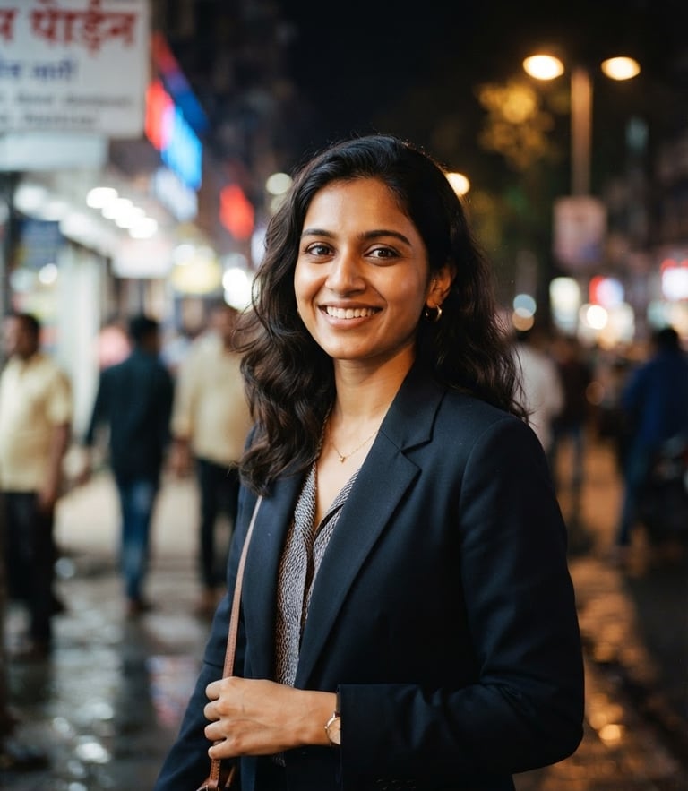 Cinematic 35mm portrait of a sophisticated young Indian professional smiling warmly, soft ambient neon night accents, shallow depth of field